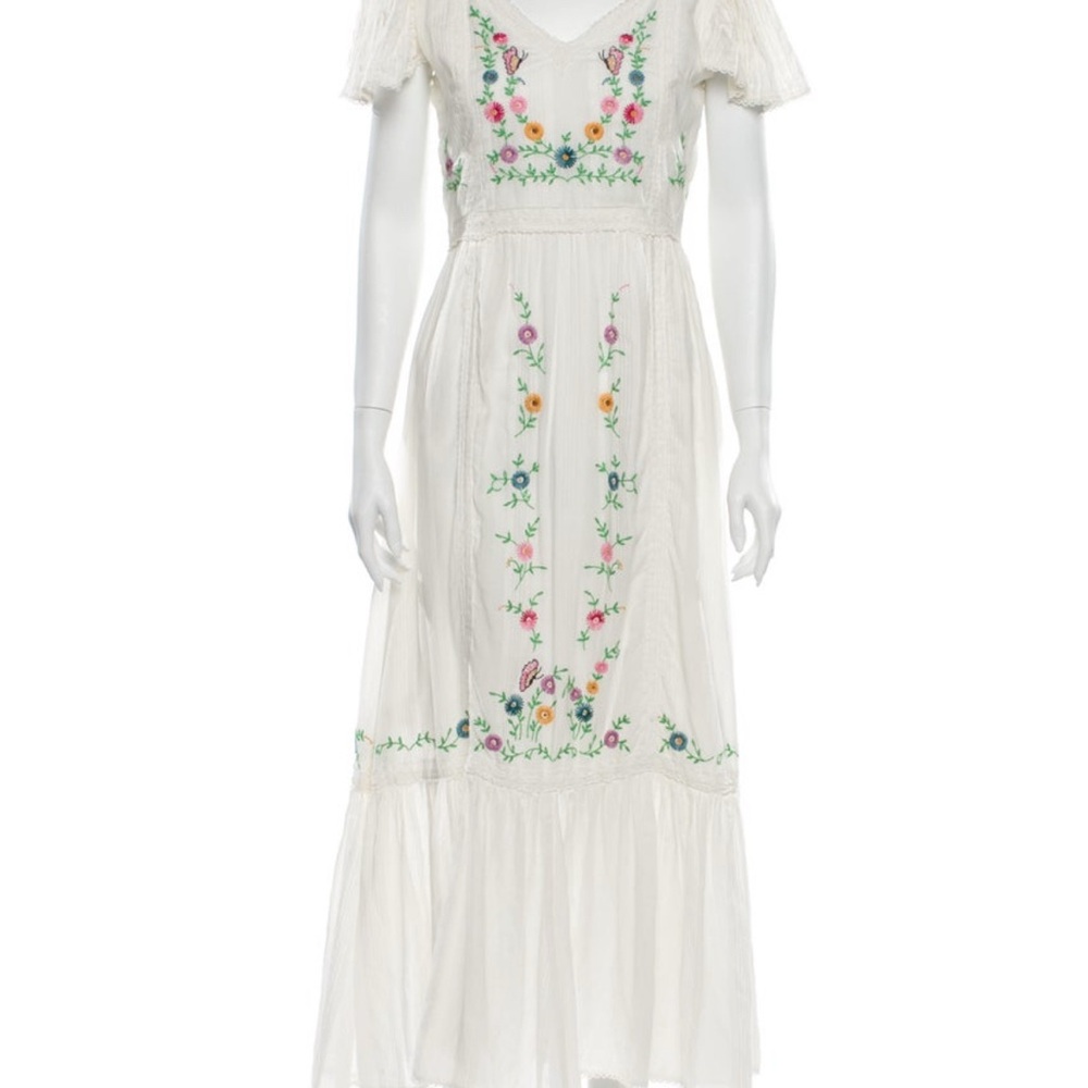 LoveShackFancy White Maxi Dress with Floral Embroidery